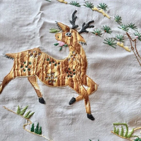 Hand Embroidered Deer & Crochet Silk Bedcover Bedspread 58 x 81